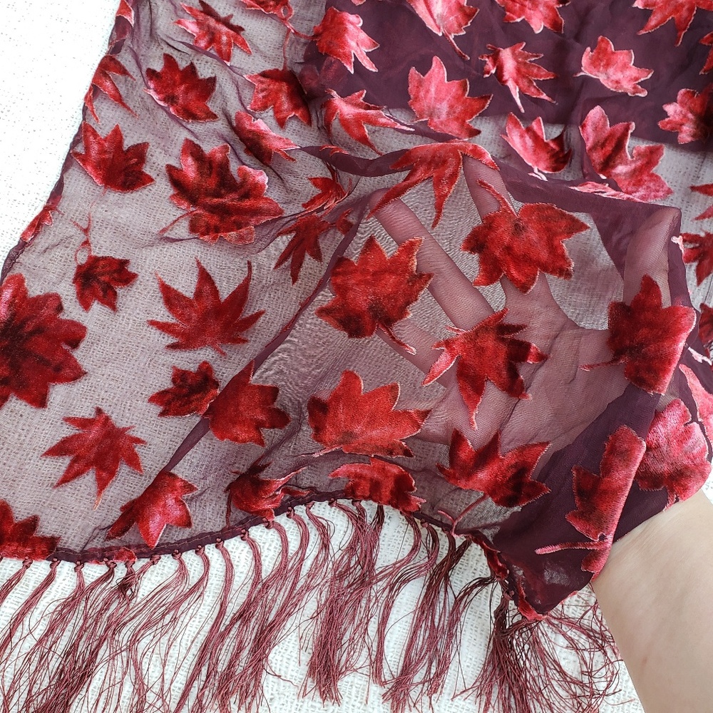 Vintage Burnout Velvet Fringe Tassel Leaf Scarf - Picture 2 of 5